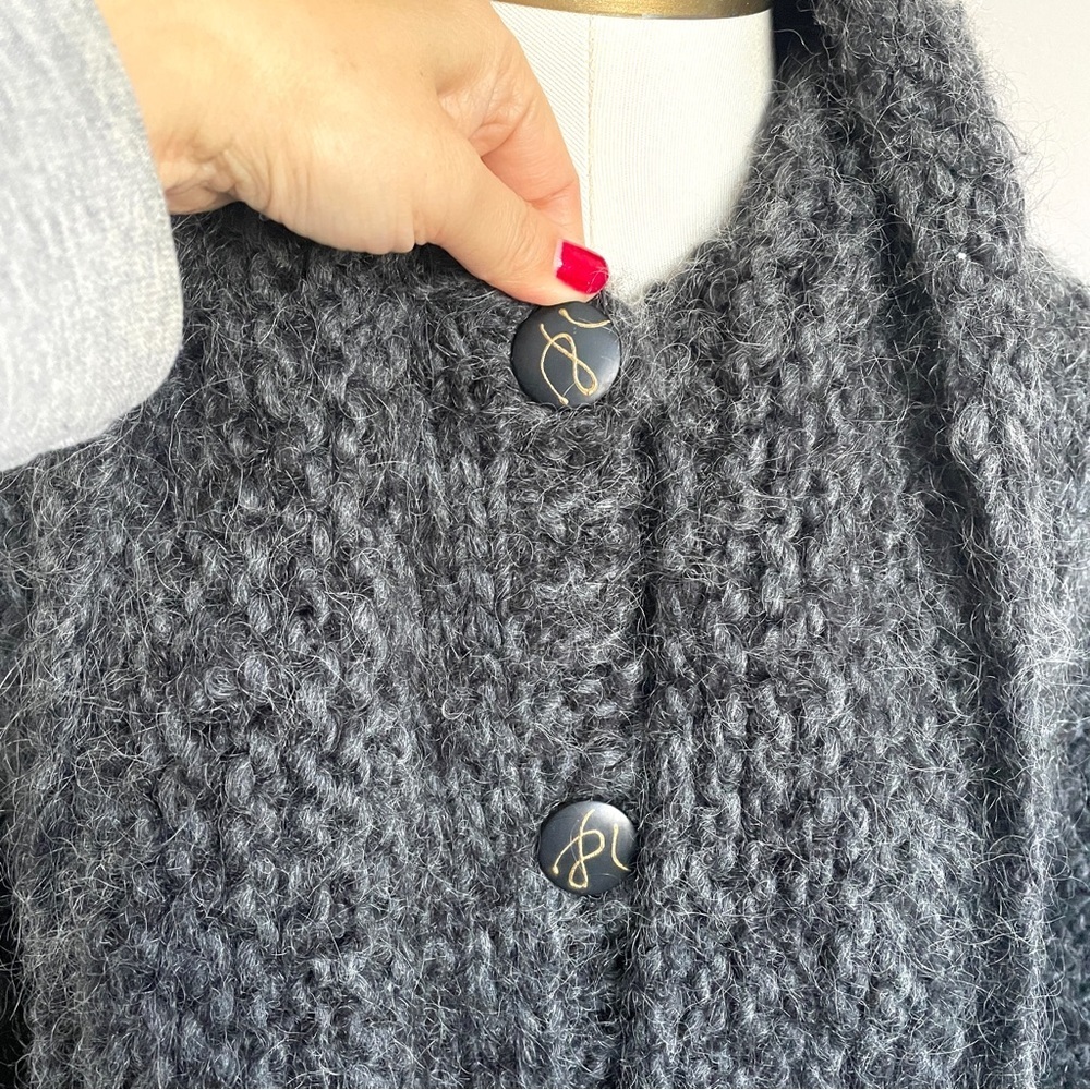 Handmade Gray Chunky Knit Long Cardigan w/ Attached Scarf - Medium - Picture 6 of 12